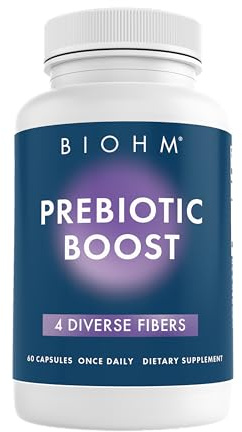 BIOHM Prebiotic Fiber Supplement (60 Capsules) 4 Diverse Dietary Fibers to Support Probiotic Environment, Helps Improve Gut Health and Immune System, Includes Inulin & Apple Pectin Powder