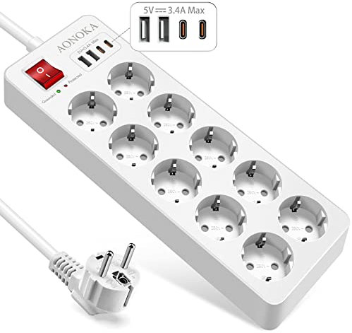 10 Prese Ciabatta Multipresa Protezione Sovratensione Fino a 1700 Joule, Multipresa Elettrica con USB C,10 Posti e 4 USB Schuko presa multipla da Scrivania Salvaspazio con Interruttori,1,5 M, Bianco