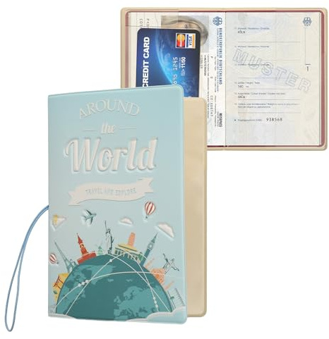 kwmobile Porte-Passeport Voyage - Étui à Rabat avec Fermeture Élastique - Protège-Passeport ou Carte d'Identité - Bleu Clair-Blanc-Vert