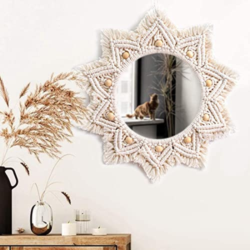 Tiamu Makramee Wandspiegel Rund Schminkspiegel Boho Fringe Kosmetikspiegel Wandmontage, Aesthetic Sonne Mirror Art, Beige Vanity Mirror für Flur, Badezimmer, Schlafzimmer, Durchmesser: 25 cm