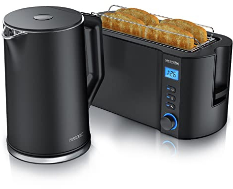 Arendo - Wasserkocher mit Toaster SET Edelstahl Schwarz, Wasserkocher 1,5L 40° 100°C Warmhaltefunktion Toaster 4 Scheiben LED-Display 6 Bräunungsgrade Brötchaufsatz