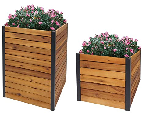 Mendler 2er-Set Pflanzkasten HWC-L23 Akazie, Holz, braun | Hochbeet, Pflanzkübel, Blumenkasten, Outdoor, FSC®-Zertifiziert, Aluminium