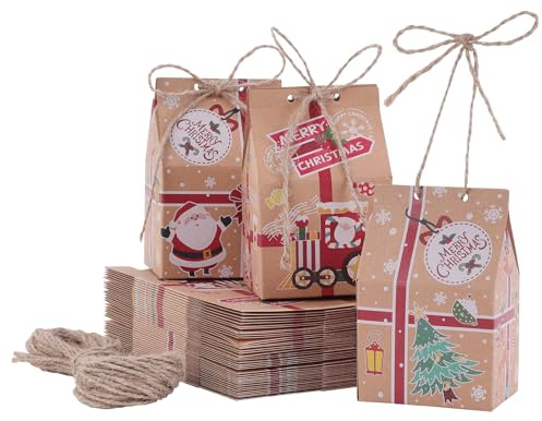 TsunNee 50 Stück Weihnachten Party Geschenkboxen, Kraftpapier Süßigkeitskästen, Mitbringsel Taschen, Papier-Treat-Boxen für Partydekorationen Adventskalender DIY