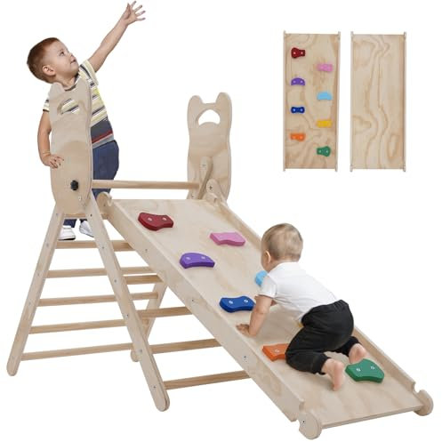 Ark miido Klettergerüst Indoor klettersteine 3-in-1 Montessori kletterdreieck mit Rutsche Faltbares Kinder Kletterbogen aus Holz Spielzeug pikler zum Rutschen & Klettern für Kinder ab 1 Jahr