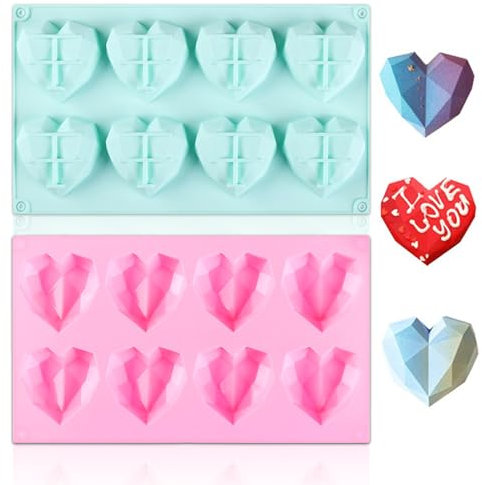 Silicone Mold, 2 PCS 8 Cavity 3D Heart Shape Diamond Chocolate Mould Silicone Dessert Baking Mold Silicone Fondant Moulds DIY Tools for Cake Jelly Soap