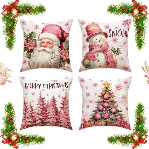 4 Cojines Navideños, Fundas para Cojines 45x45, Decoración Navideña Hogar, Cojines Decorativos para Sala de Estar, Sofá, Cama, Coche, Rosa