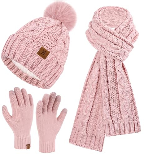 Damen Winter Mütze Schal Touchscreen Handschuhe Set Thermo Chenille Strickmütze Beanie Wintermütze Schals Winterschal Winterhandschuhe Geschenk für Frauen