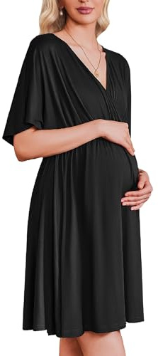 Ekouaer Labor and Delivery Gown for Hospital Maternity Nursing Dress Nightgown Pajamas for Breastfeeding Black L