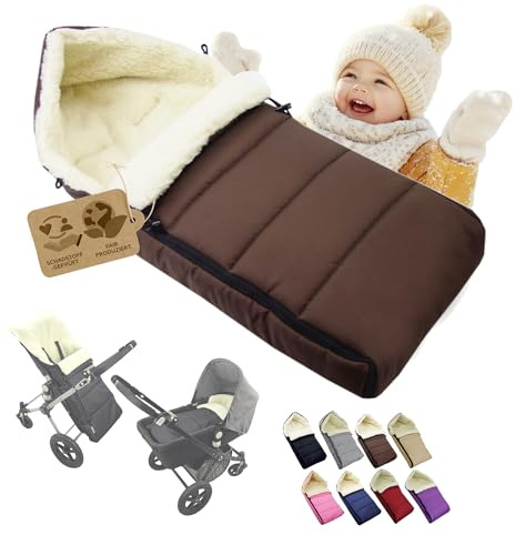 Fotsäck [vinteråkpåse för barnvagn] buggy babystol eller släde, babyåkpåse med lammull, gosig, varm, tvättbar, 108 cm (brun)