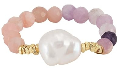 HeyMeili Anelli Bohémien di perla d'acqua dolce & fosfosiderite & opale rosa per donne anello elastico perline regolabili