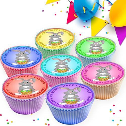 24 x HAPPY EASTER BUNNY RABBITS BUNNIES EDIBLE ICING 4.5 cms CUPCAKE TOPPERS DECORATIONS 9325