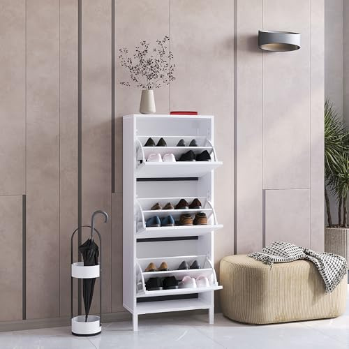 KOMTO Schuhschrank Schmal Weiß - Schuhregal Geschlossen mit 3 Klappen | Schuhkipper Trek 55 x 25 x 137 cm (BxTxH)