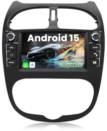 Hexinex Autoradio Android 15 pour Peugeot 206 206 CC (2002-2010) | 2Go+64Go | 7 Pouces Écran HD Tactile | CarPlay & Android Auto | GPS WiFi Bluetooth FM | Commandes au Volant | Aide au Stationnement