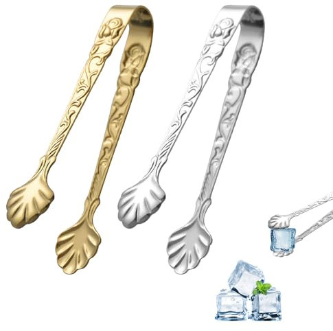 Sugar Tongs, 2 Pcs Ice Tongs, Stainless Steel Thickened Mini Serving Tongs for Appetizers, Desserts, Salad, Grilling, 4inch Rose U-Shaped Sugar Cube Tongss for Tea Party, Coffee(Silver/Gold)