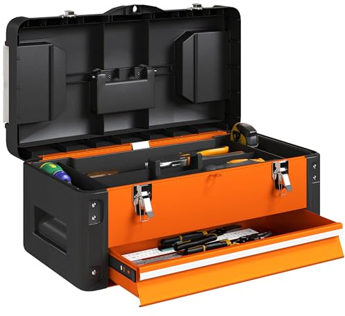 HOMCOM Mallette à outils vide robuste avec tiroir, compartiments, poignée de transport, boîte à outils pour outils, maison, atelier, orange