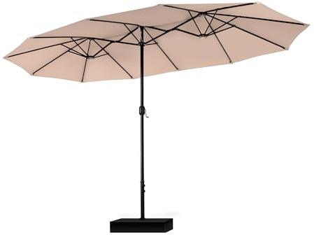 PHI VILLA Parasol rectangulaire avec support, grand, 270 x 450 cm, pour jardin, terrasse, avec manivelle, protection UV, résistant au vent, beige