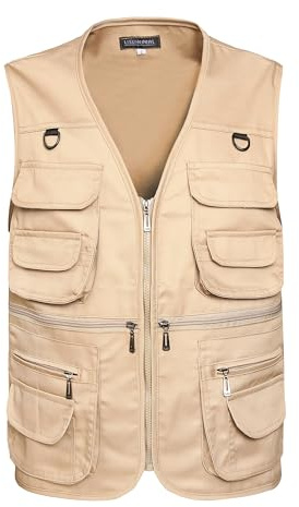 LISUHEPEAL Men's Fishing Vest Summer Outdoor Work Safari Travel Photo Vests with Multi Zipper Pockets For Men (S18-Light Camel, XS)