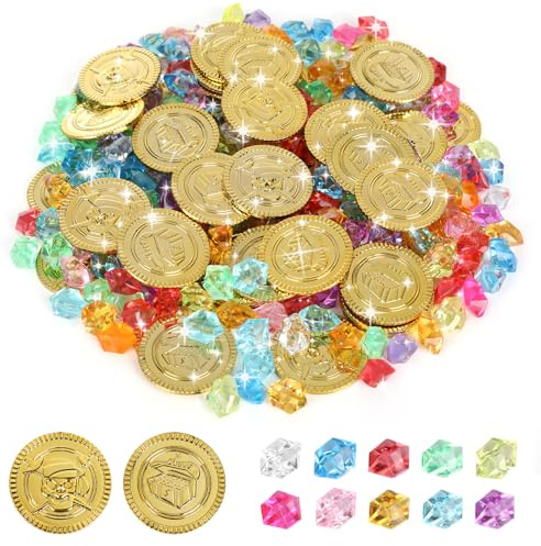 GUOYIHUA 250 Stück Piratenschatz Spielzeug Set, 50 Goldmünzen + 200 Edelsteine, Schatzsuche, Piraten Schatz für Mitgebsel, Mitbringsel, Piraten Deko Kindergeburtstag, Piratenparty Kindergeburtstag