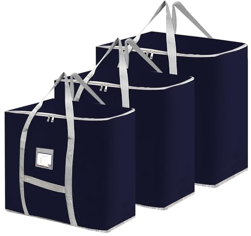 3 Pack Different Size Large Storage Bags, Heavy Duty Storage Bags, Large Moving Bags, Space Saving, Storage Tote Bag, Organizing Bedroom, with Reinforced Handles & Double Zippers (Blue)