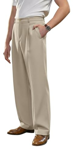 PLEPAN Men's Casual Dress Pants Pleated Baggy Wide Leg Relaxed Fit Slacks Expandable Waist Trousers Taupe Medium