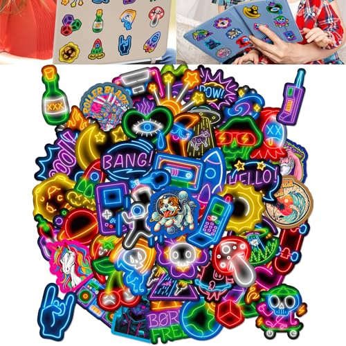 Decorative Stickers, Assorted Neon Graffiti Graphics, Multicoloured Set | Individual Die-Cut Pieces, Space, Music, Fantasy, Food And Retro Motifs, For Laptops, Cases, Bottles, Journals And Albums