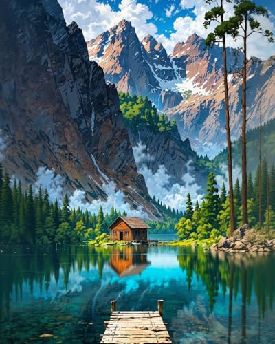 Paint by Numbers for Adults, Mountain Lake Painting Kits, 16 x 20 Inch | DIY Acrylic Painting Craft for Beginners, Relaxing Stress Relief Craft, Mountain Lake Wall Decor, Cabin Home Decor, Gift Idea