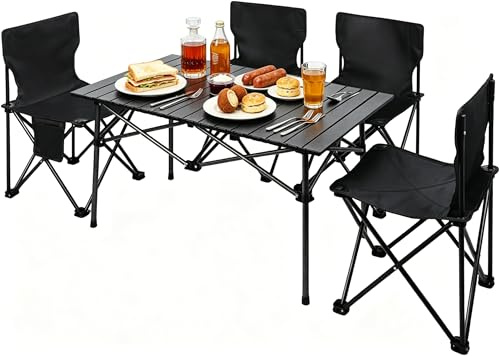 3.1FT Folding Table and Chairs Set with Carrying Bag,Foldable Camping Table Set with 4 Chair,Protable Lightweight Picnic Patio Tables for Camping, Beach,BBQ, Garden,Outdoor Indoor Use (Black)