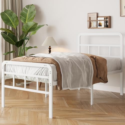 Yicensen Einzelbett 90 x 200 cm mit Kopf und Fußteil, 46 Hoch Bettgestell | Robuste Metallleisten, Stabile Unterstützung, Minimalistisches Design, Geräuschlos, Einfache Montage, Weiß