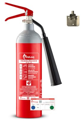 FireLoq 2kg Co2 Kohlendioxid im leichten Nicht magnetischen Alu Behälter Dauerdruck Feuerlöscher für elektrische Anlagen und EDV 34B 2 LE Dauerdruck inkl. Prüfnachweis, Wandhalter