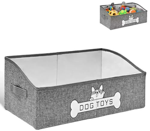 Rzspher Dog Toy Box, 50x29x22 cm Foldable Fabric Trapezoid Organizer Boxes | Large Dog Toy Bin with Handle for Pet Supplies Toys Collars Clothes Treats Accessories (Grey)