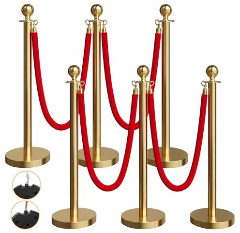 6 Pack Gold Stanchions and Velvet Ropes Set, Stainless Steel Crowd Control Barriers, 4Pcs Red Carpet Ropes and Poles for Party Supplies,Photobooth Accessories, Prom,Birthday,Business,Wedding, Museums