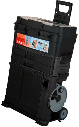SwitZer 3-in-1 Rolling Stackable Toolbox with Wheels, Telescopic Pull Handle, Top Lift-Up Compartment, Double Drawers & Bottom Tilting Bin, Black, Garage Workshop Home DIY