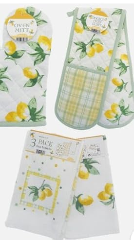 Lemon Kitchen Linen Set, Oven Mitt, Double Oven Glove and 3 Pack Tea Towels, Heat Resistant cooking Gloves & Kitchen Linen Set - Lemon Design Kitchen Accessories, Gift Set for Home Cooking & Baking.