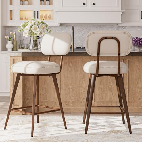 MALOL PU Leather Breakfast Bar Stools Set of 2, Swivel Kitchen Bar Chairs with Backrest and Metal Legs, Modern Barstools Counter with Anti-Slip Pads for Kitchen Island, Dining Room, Beige