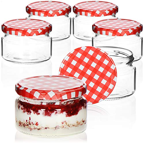 com-four® 6x Einmachgläser mit rot/weiß kariertem Schraub-Deckel | TO Ø 82 mm - bis zu ca. 250 ml