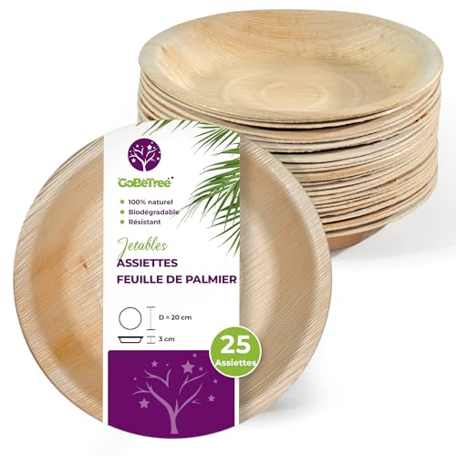 GoBeTree 25 Platos Desechables Hoja de Palma Elegantes, Hondos de 20 cm | Vajilla Rígida Similar al Bambú para Guisos, Ensalada y Pasta, Plato Hondo con 3 cm de Borde, Apto para Microondas