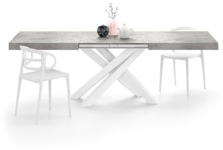 MOBILI FIVER, Ausziehbarer Esstisch Emma 160(240) x90 cm, Grauer Beton mit Weißen gekreuzten Beinen, Made In Italy