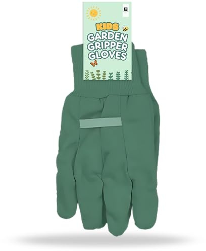 AKH® Kinder Gartenhandschuhe | Einheitsgröße ab 3 Jahren | Baumwolle Kinder Gartenhandschuhe mit PVC Noppen für sicheren Halt | Kinder Gartenhandschuhe mit bunten Gartenfiguren Design (blau)