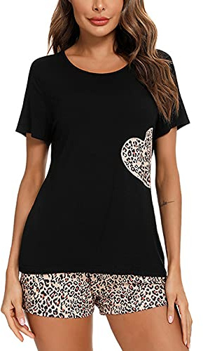 GTHTTT Ensemble de Pyjama Femmes Col Rond Manche Courte à Carreaux Short Haut et Bas avec Poches pour Décontractée Dormir Toutes Les Saisons,Léopard,XL