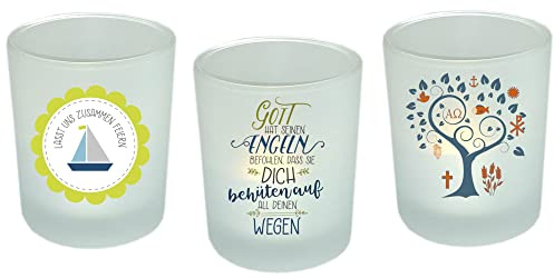 Windlicht Teelichthalter Taufe, Kommunion, Konfirmation Tischdeko Kerzenhalter (Psalm/blau)