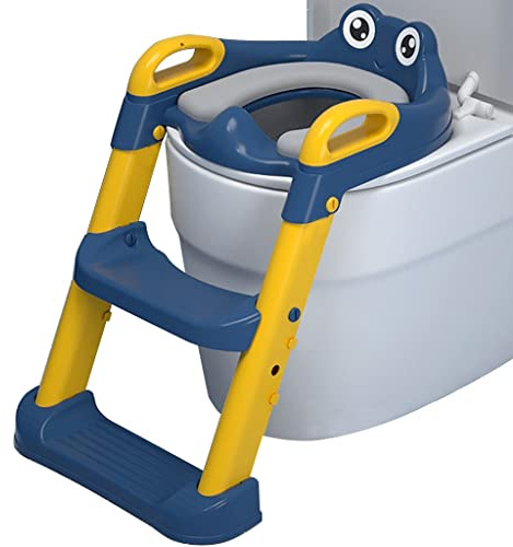 Topfchentrainer Hohenverstellbar Einstellbar Toilettensitz Mit Treppe Für Mädchen Und Jungen, Zusammenklappbar Toilettentrainer Mit Treppe Mit Frosch Rückenlehne, Belastbarkeit 50kg