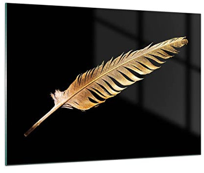 Vidrios decorativos 100x70cm Cuadro Sobre Vidrio Moderno Dorado Pluma Negro Grande Dormitorio Cocina Cuadros Pared Impresiones Decoracion Salon Impresión en Cristal Wall Art Prints GAA100x70-4887
