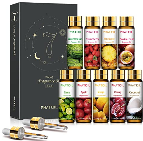 PHATOIL 9Pcs Fruity Fragrance Oil Gift Set, 10ml/0.33fl.oz Fragrance Oils for Soap, DIY Candle, Bath Bombs Making, Fruit Scented Oils for Diffusers for Home