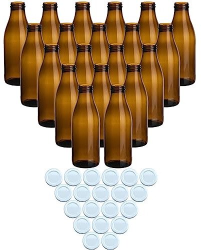 gouveo 20er Set Saftflasche 1000 ml Antik mit Schraubdeckel Weiss - Braune Glasflasche 1 Liter mit TO48 Verschluss - Leere Flasche zum Befüllen (SFA1000W)