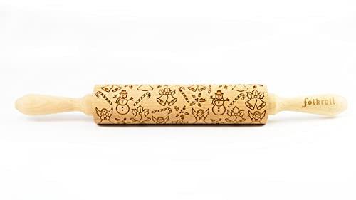 Folkroll 13268 Dekoratives Nudelholz mit 2 Griffen, mittelgroß, Motiv Weihnachtsfreude - Glocken, Zuckerstange, Schneemann, Engel, Stechpalmen, Buchenholz, 370 x 45 x 45 mm