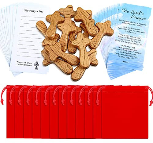 WILLBOND Kleine Holz-Kreuze für Ostern, mit roter Samttasche und Zertifikaten, 10,2 cm, tragbar, Jesus-Kreuz, Geschenk für Gebete, Männer, christliches Geschenk, 12 Stück