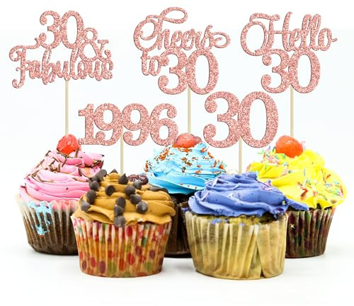 Gyufise 30Pcs 30th Birthday Cupcake Toppers Glitter Hello 30 Cupcake Topper Cheers to 30 1996 Thirty Cupcake Picks for Happy 30th Birthday Anniversary Party Cake Decorations Rose Gold