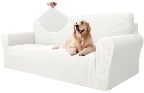Ystyle Sofa überzug 3 Sitzer Mit Armlehne, Stretch Sofabezug rutschfest, Modern Sofa Cover Für Hunde Haustiere, Atmungsaktiv Couch überzug Mit Elastic Bottom, Weiß