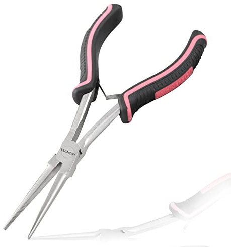LEONTOOL Long Reach Needle Nose Pliers with Serrated Jaw - 7 Inch Pink Tool for Women, Jewelry Making & Tight Spaces