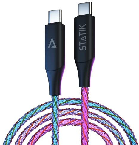 Statik Light Up Charger Cable - GloBright Braided LED Charging Cable, Glowing Super Fast Charging 100W Light Up Cable, Data Transfer, Lighted Phone Charger Cord - 6FT/2M, Type USB C to USB C